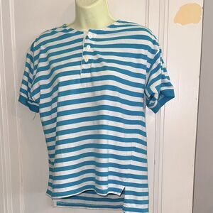 Vintage 80s GAP Teal & White Striped Button Neck Cotton Knit Short Sleeve Shirt‎